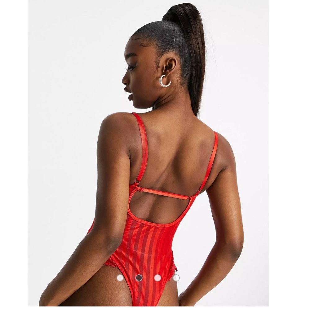 Red V neck Lace Sexy Bodysuit - Picture 13 of 14